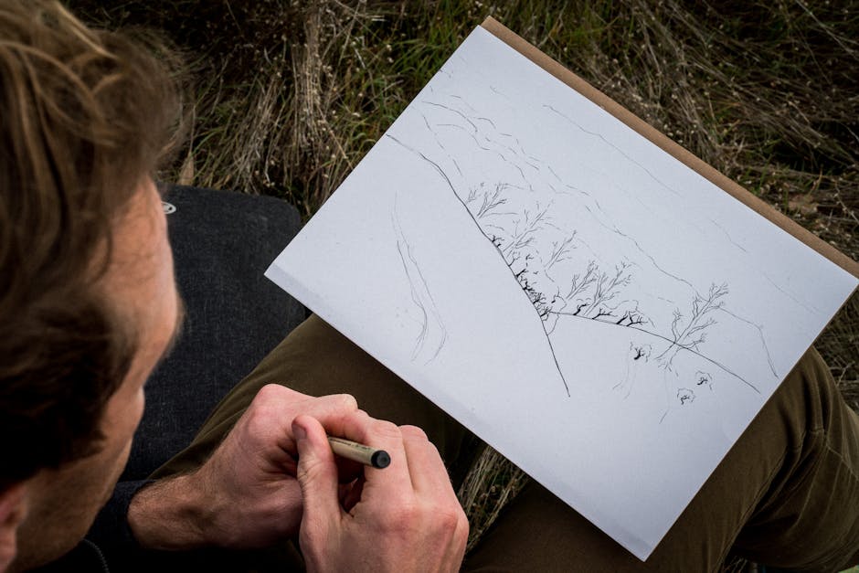 An artist sketching in a bustling park, capturing fleeting moments and changing light conditions