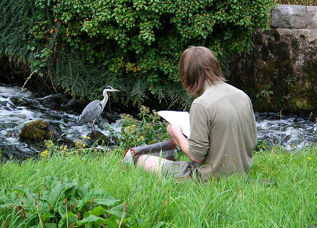 An artist sketching a natural scene in a sketchbook outdoors