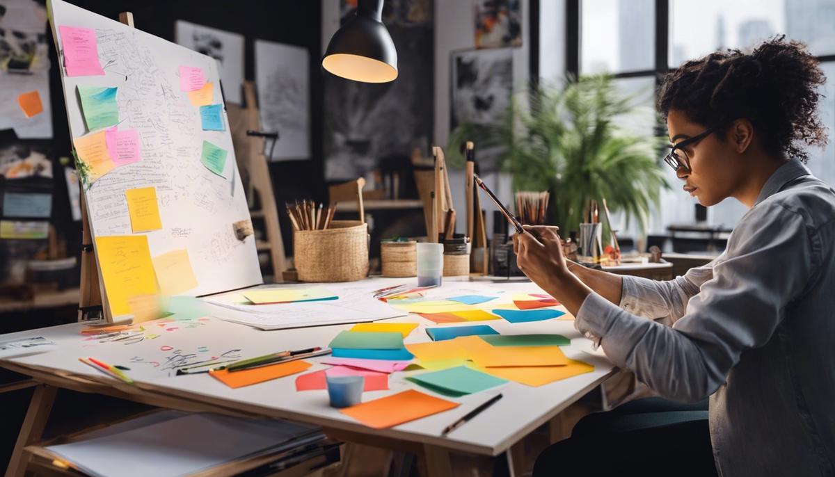 An image of an artist painting at a canvas, with sketches and goals written on sticky notes surrounding the workspace