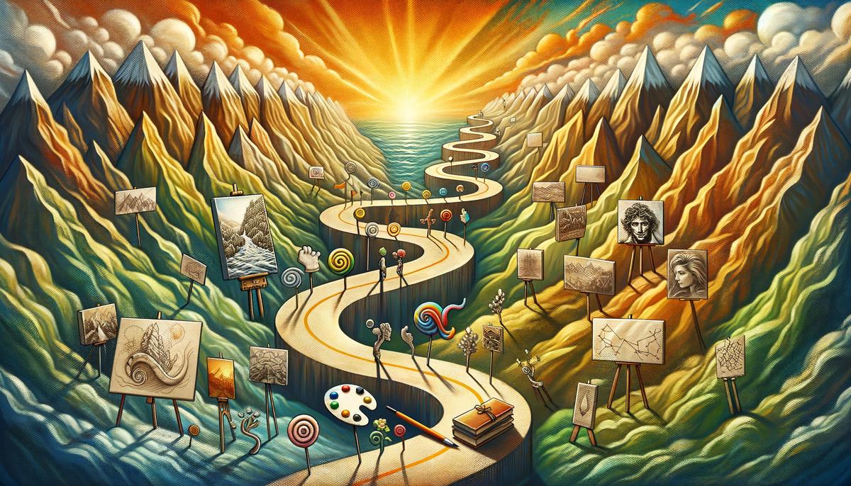 Image showing a road map with artistic landmarks symbolizing the importance of goals and recognition in an artist's journey.