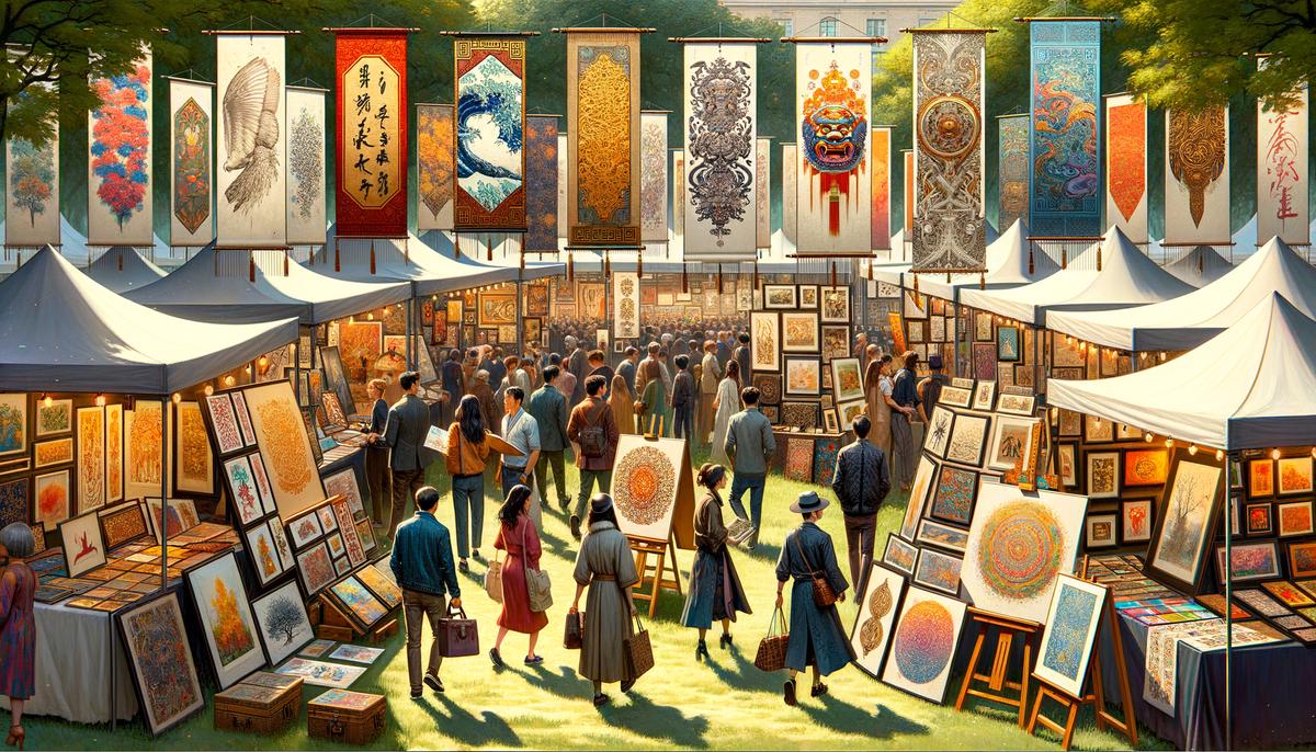 Various pieces of artwork displayed at an art fair