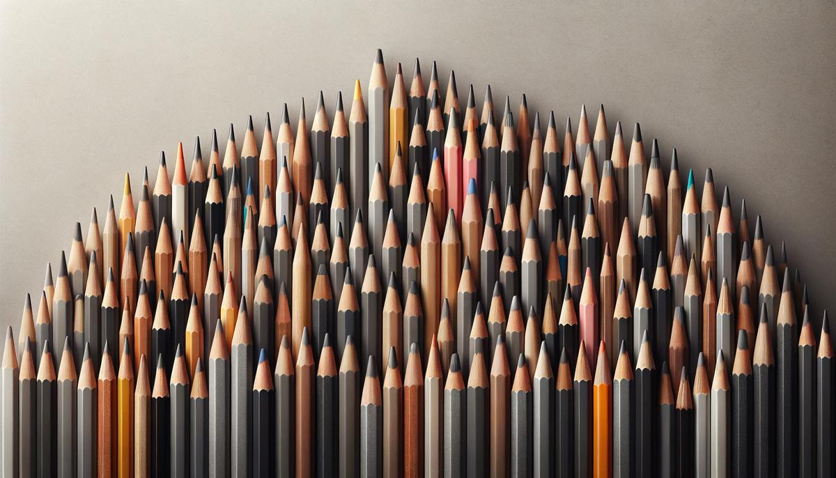 An assortment of graphite pencils of varying grades, from hard H pencils to soft B pencils, demonstrating their range and versatility for drawing.