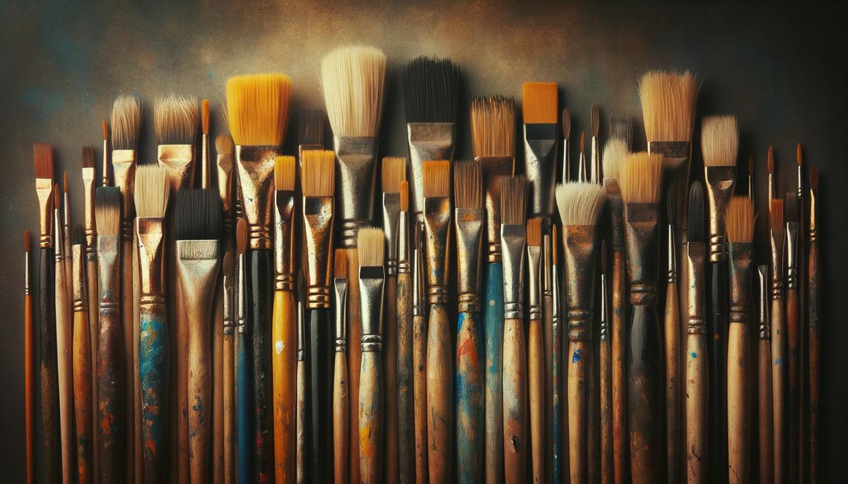 An assortment of paint brushes with various bristle types, shapes, and sizes, demonstrating their versatility and importance in painting.