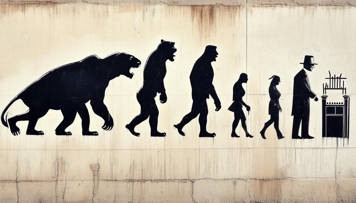 A Banksy artwork depicting the evolution of his motifs, from scheming rats to figures of authority, illustrating his critique of societal issues
