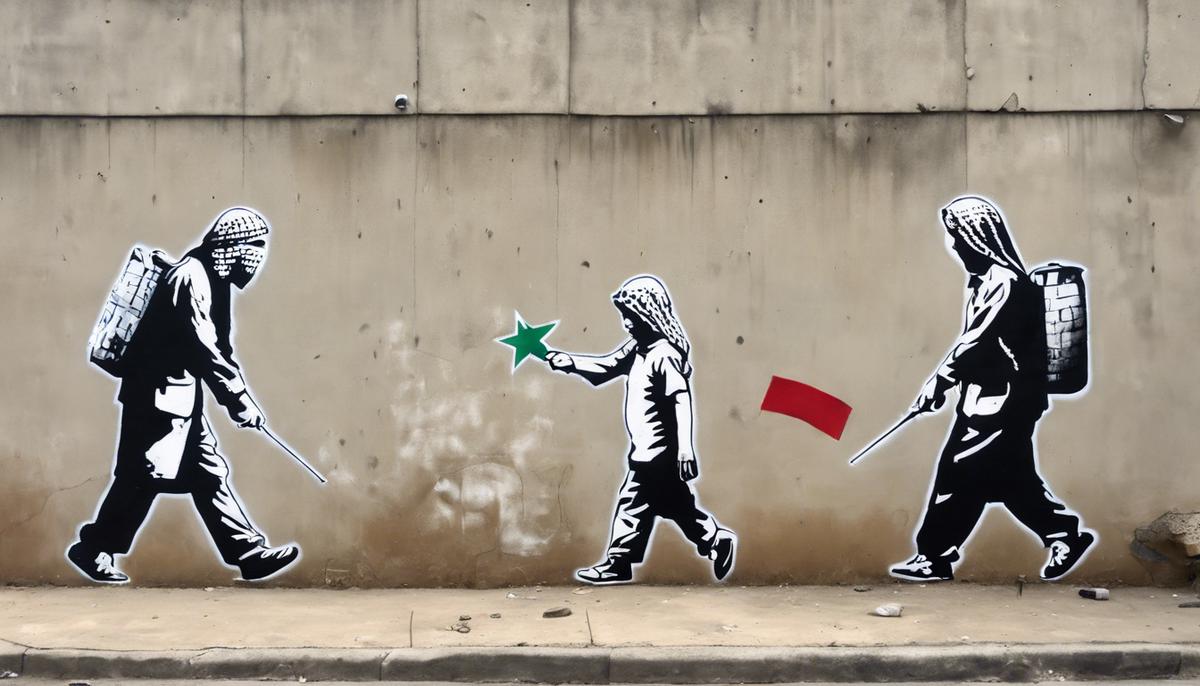 A provocative street art piece by Banksy on the wall separating Israel and Palestine, critiquing the conflict and its impact on human rights.