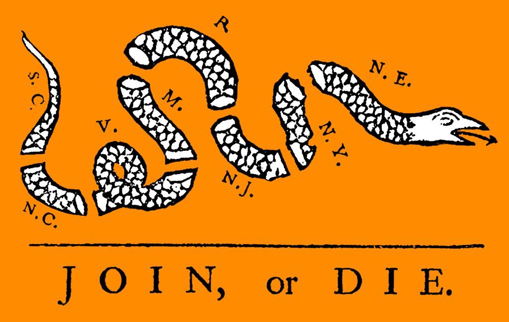 A reproduction of Benjamin Franklin's Join or Die political cartoon