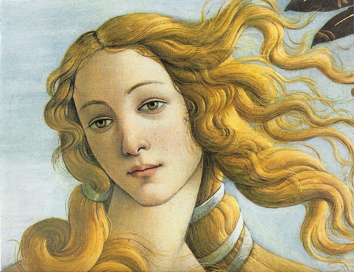 A close-up detail of Venus's face and hair from Botticelli's The Birth of Venus, showcasing the delicate use of color