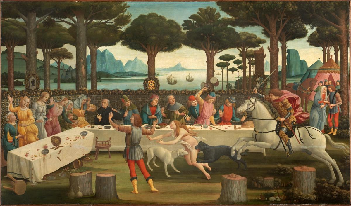 A series of small reproductions of Botticelli paintings arranged chronologically, showcasing the evolution of his color use