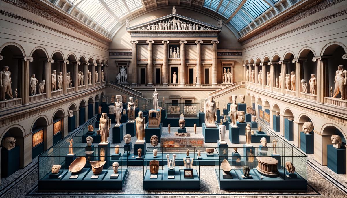 Image of the British Museum with various artifacts and statues on display, representing the controversies and debates surrounding the museum's art collections