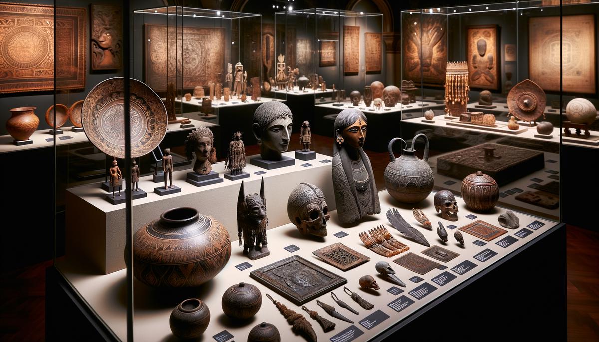 A variety of ancient artifacts from different cultures displayed in a museum setting