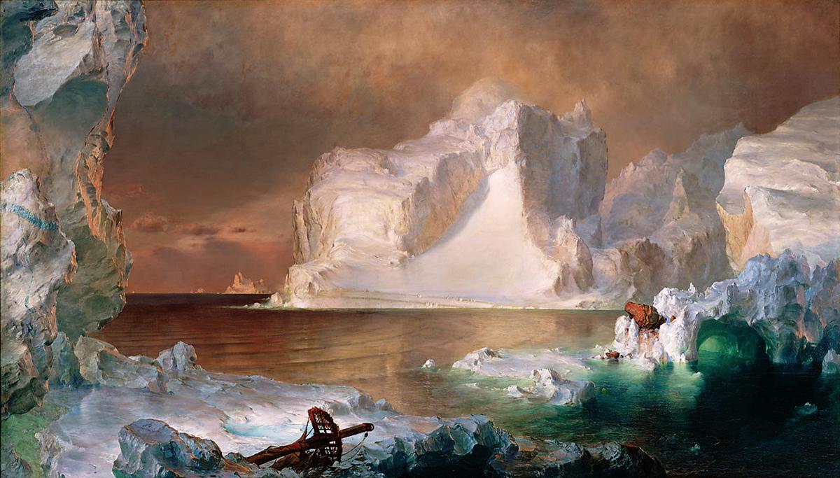 A collection of Frederic Edwin Church's major works including 'The Heart of the Andes', 'Aurora Borealis', and 'El Khasné, Petra', showcasing his diverse subjects and painting techniques