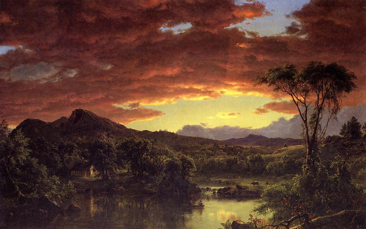 An illustration depicting Frederic Edwin Church's painting technique, showcasing the blend of smooth and rough textures in a landscape