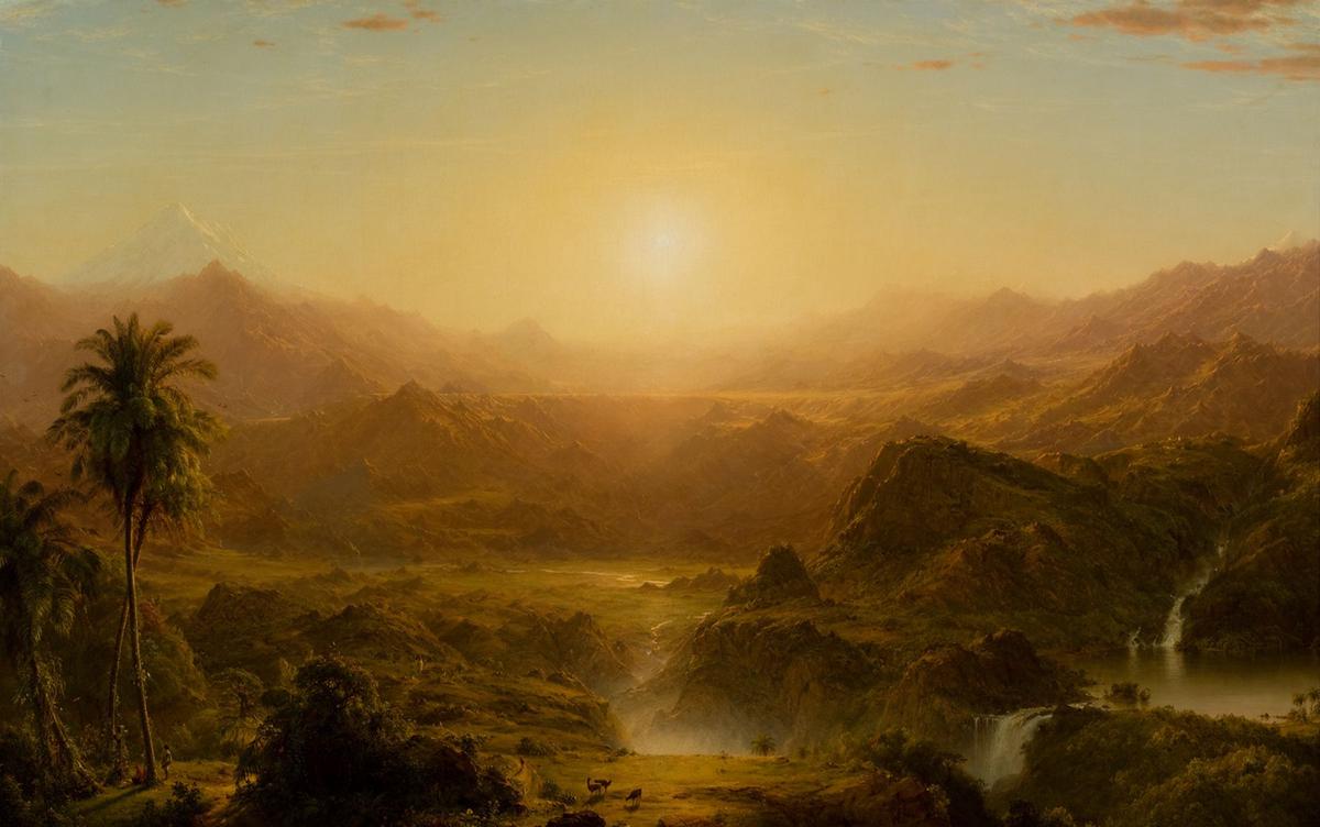 A collection of landscapes representing Frederic Edwin Church's travels, including South America, the Arctic, and the Middle East