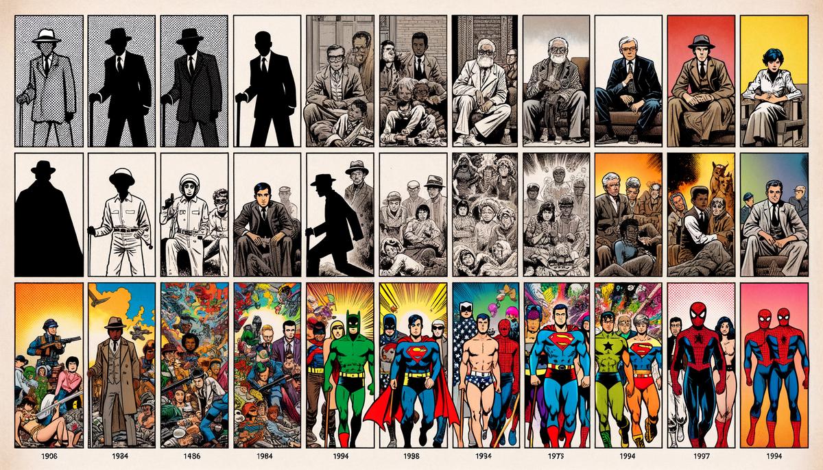 An image showing the evolution of comics through the years, from censorship to diverse storytelling