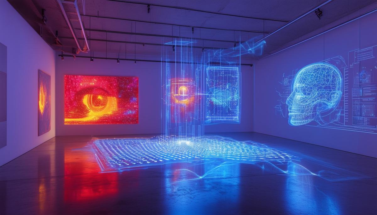 A digital art installation in a gallery space that incorporates virtual reality and artificial intelligence