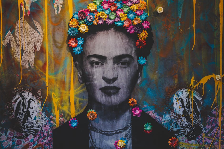 A gallery showcasing works by contemporary artists inspired by Frida Kahlo, featuring diverse styles and mediums