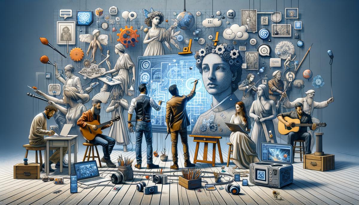 A realistic image showcasing contemporary British artists embracing digital technologies in their artwork