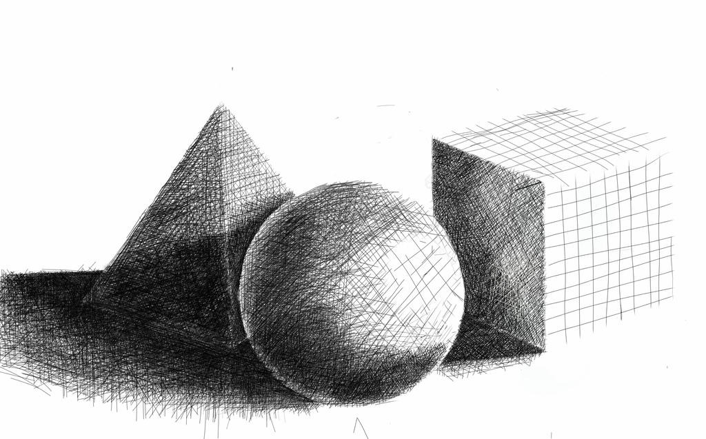 Side-by-side comparison of hatching and cross-hatching techniques on geometric shapes