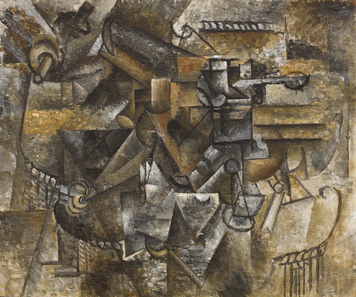 A Cubist still life painting by Pablo Picasso, depicting objects fragmented and viewed from multiple perspectives simultaneously