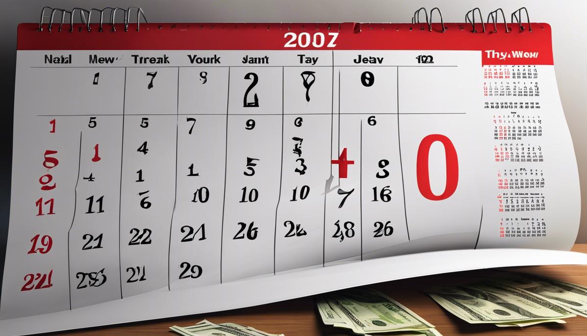 Image of a calendar marked with tax deadline dates and money symbols