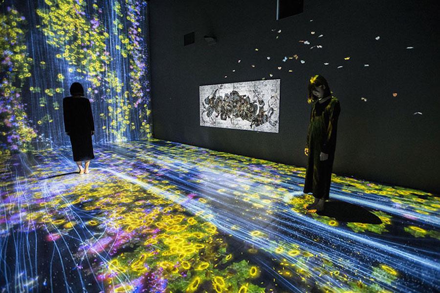 A surreal, immersive Deep Dream AI art installation with visitors exploring dreamlike, morphing imagery