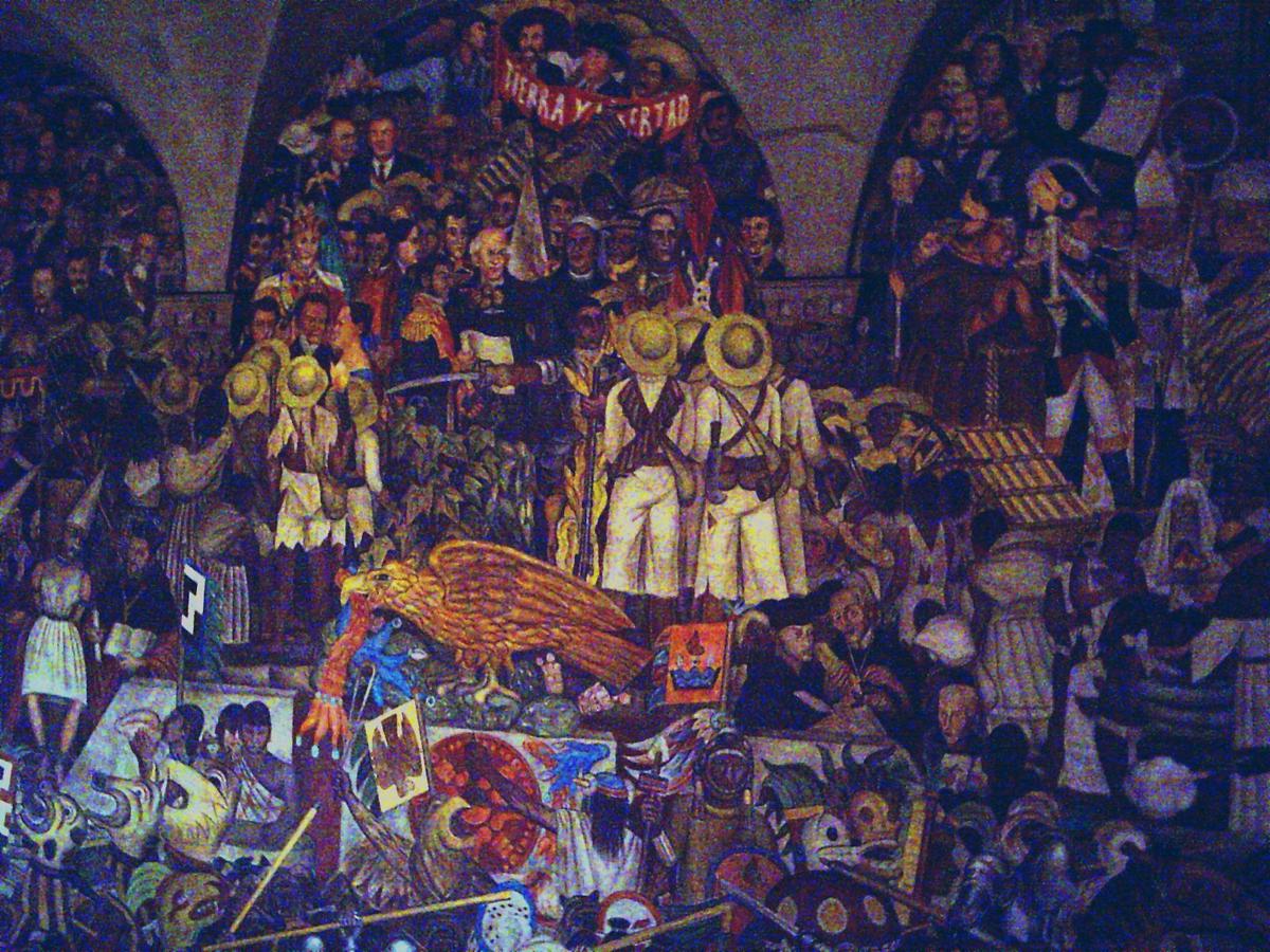 A mural by Diego Rivera depicting scenes from Mexican history and revolution