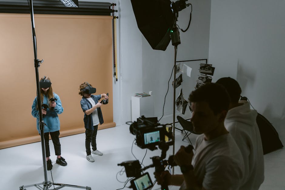 A futuristic workspace with various digital art tools and technologies, including VR headsets, tablets, and 3D printers