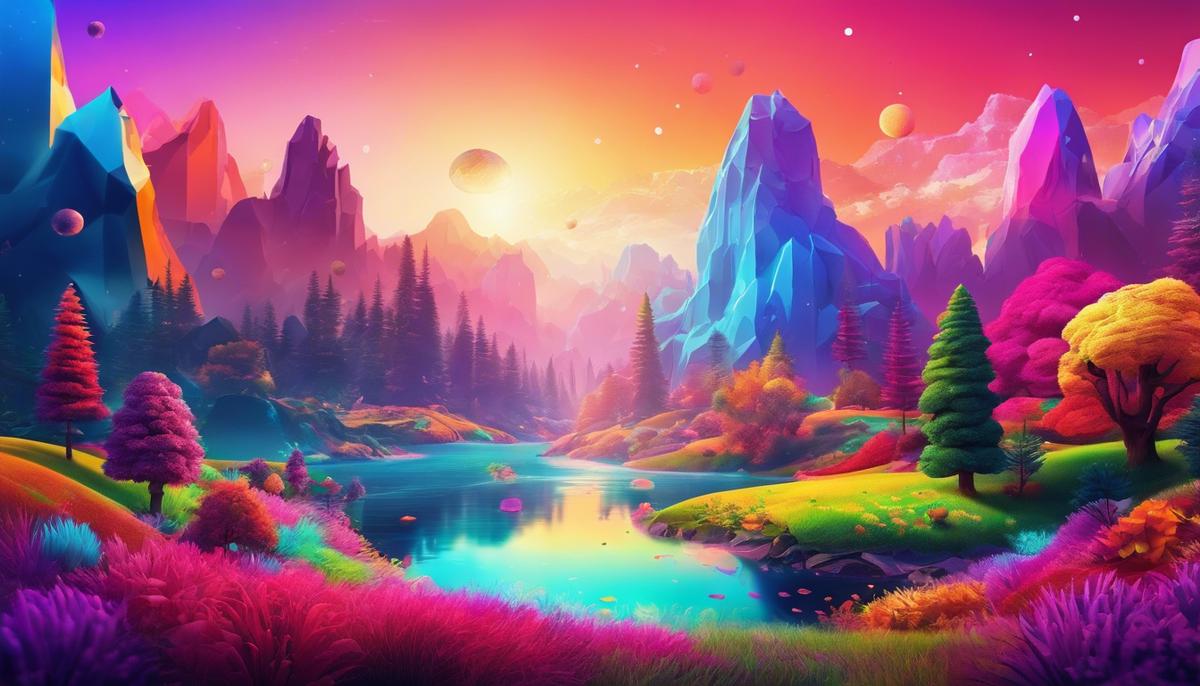 Illustration of a colorful digital landscape with various artistic elements in VR, AI, 3D printing, AR, and blockchain crypto art.