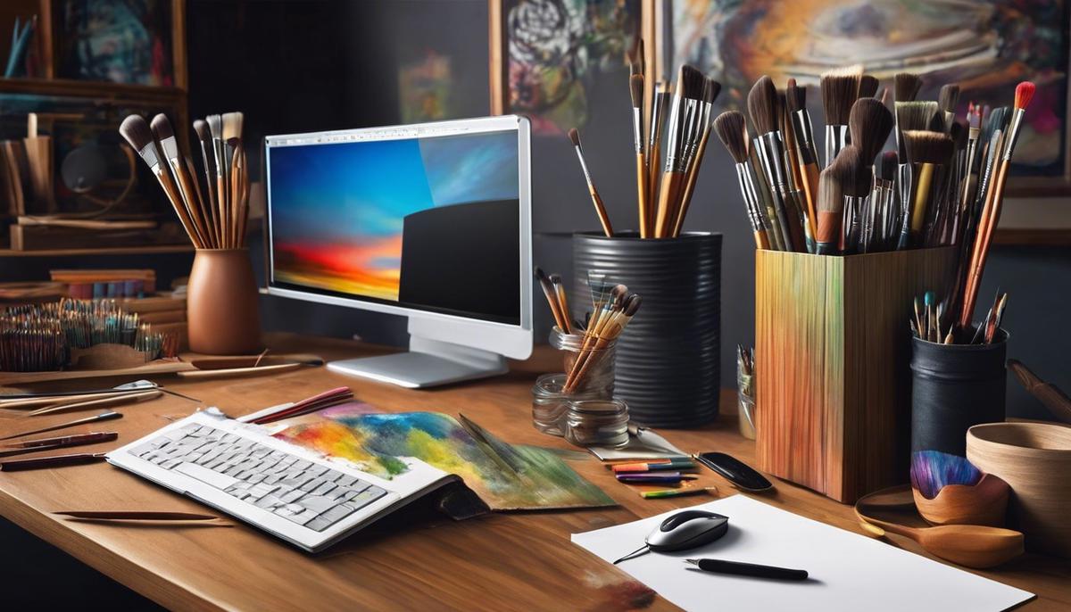 Illustration of an artist's paintbrushes and a computer mouse, representing the merging of traditional art practices and digital technology.