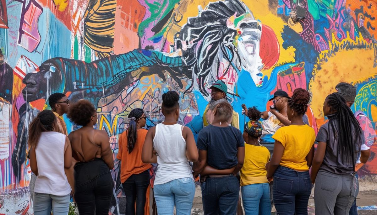 A group of diverse artists collaborating on a large-scale mural