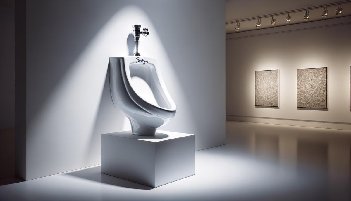 Marcel Duchamp's 'Fountain', a porcelain urinal turned on its side and signed with a pseudonym, displayed in a gallery setting, symbolizing the shift in the art world's perception of what constitutes art.