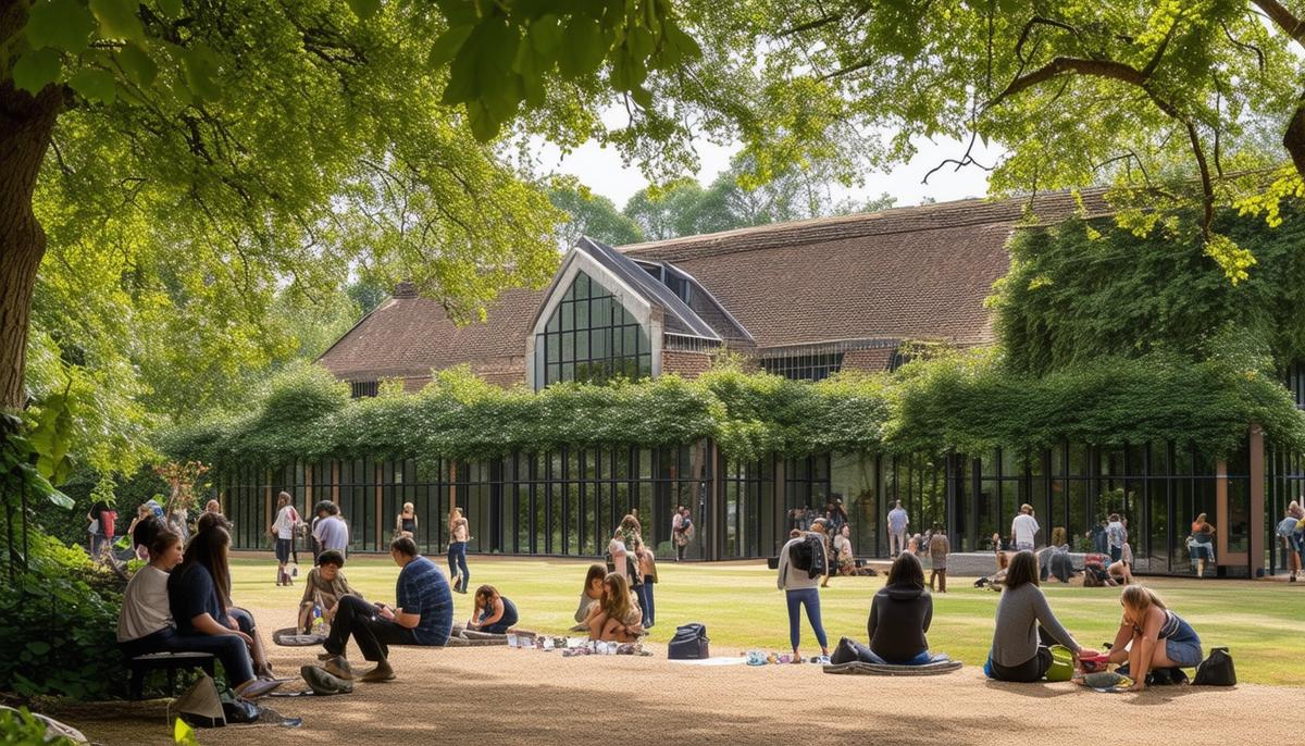 The exterior of the Dulwich Picture Gallery, set amidst a leafy demesne, with visitors engaging in creative activities and workshops, illustrating the gallery's role as a cultural hub and its deep connection with the local community.