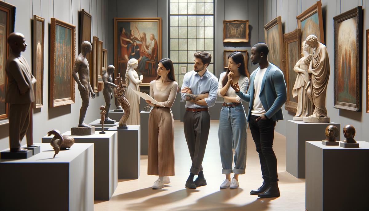 A diverse group of art collectors examining and discussing various artworks in a gallery. Avoid using words, letters or labels in the image when possible.