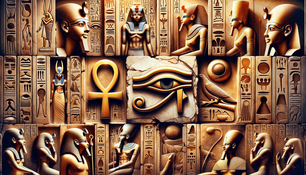 A collage of ancient Egyptian symbols like the ankh, Eye of Horus, and mythological figures on sarcophagi and temple reliefs