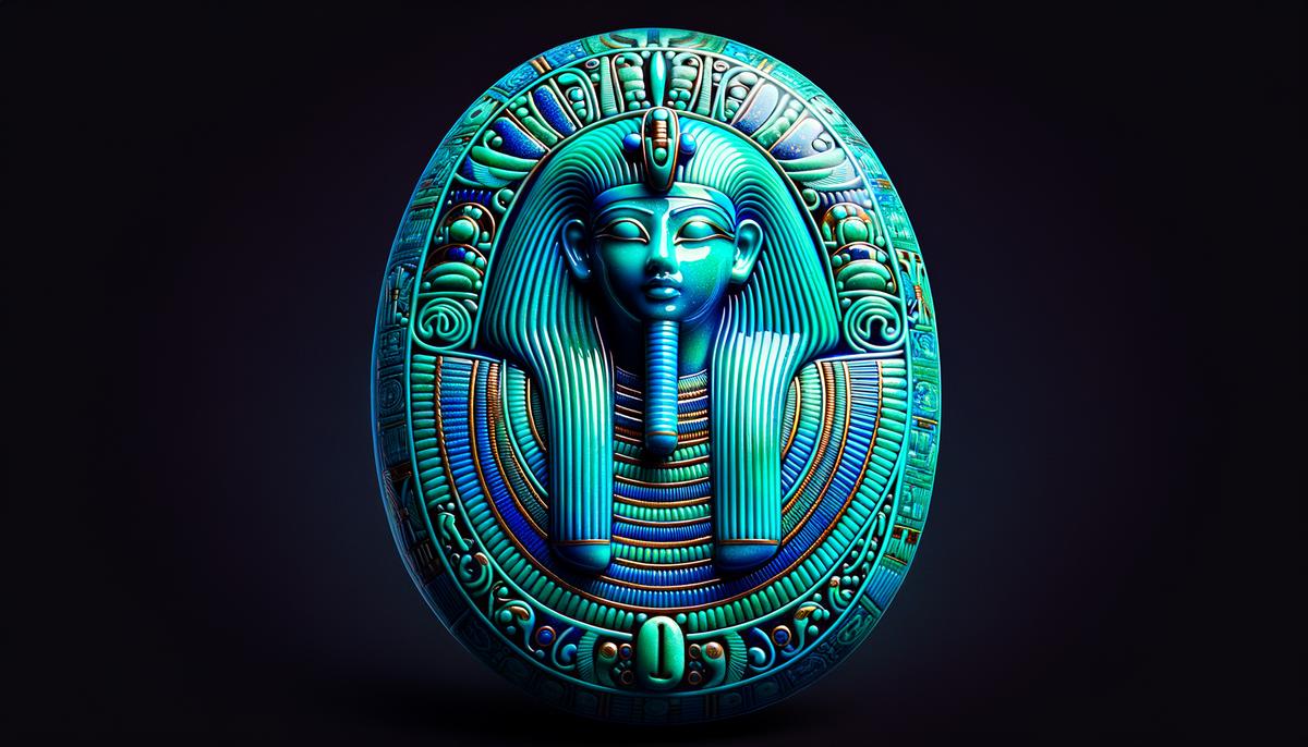 An intricate ancient Egyptian faience amulet in vivid turquoise hues, symbolizing rebirth and immortality