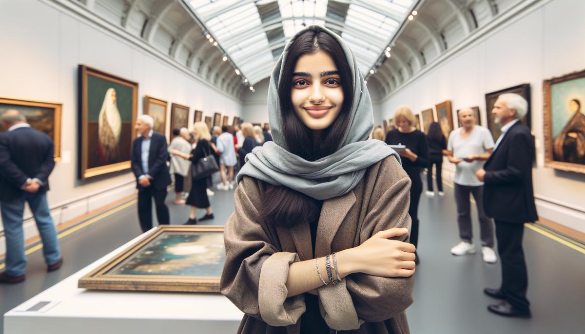 A young, ethnically diverse artist standing proudly next to their artwork at an auction preview.