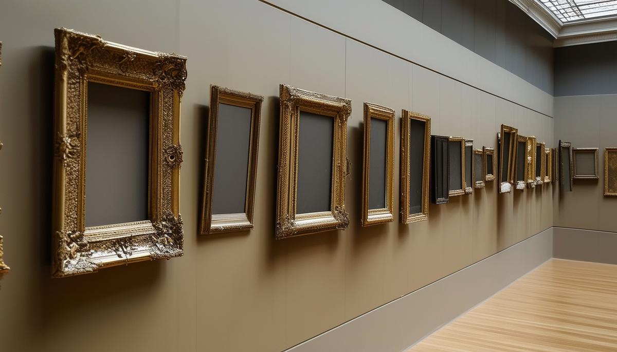 A photograph of empty frames hanging on a museum wall, symbolizing the missing artwork stolen in art heists