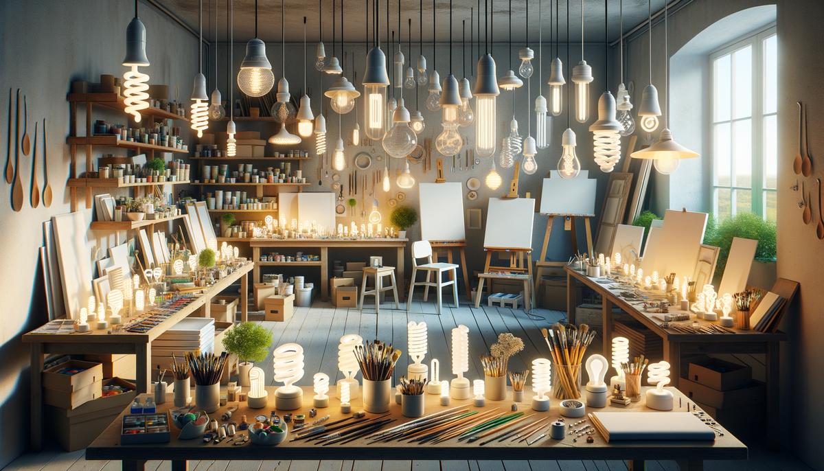 Artist's studio with energy-efficient lighting solutions including LED and CFL bulbs. Avoid using words, letters or labels in the image when possible.