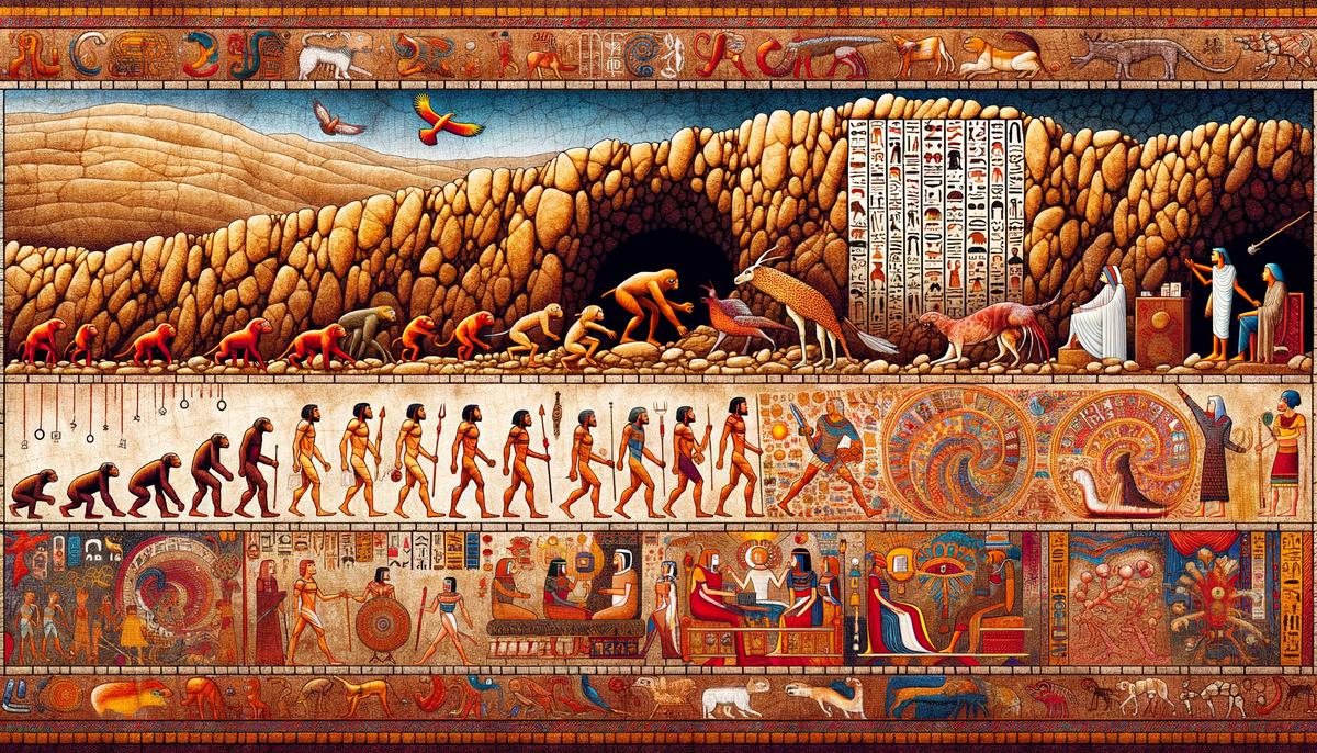 Illustration showing the evolution of sequential art through ancient cave paintings, Egyptian hieroglyphs, medieval tapestries, and modern comics and graphic novels