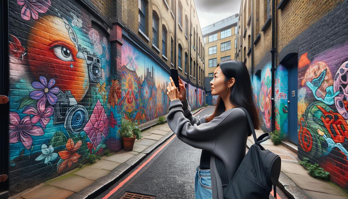 A person taking a photo of colourful street art with their smartphone in a narrow alley in London