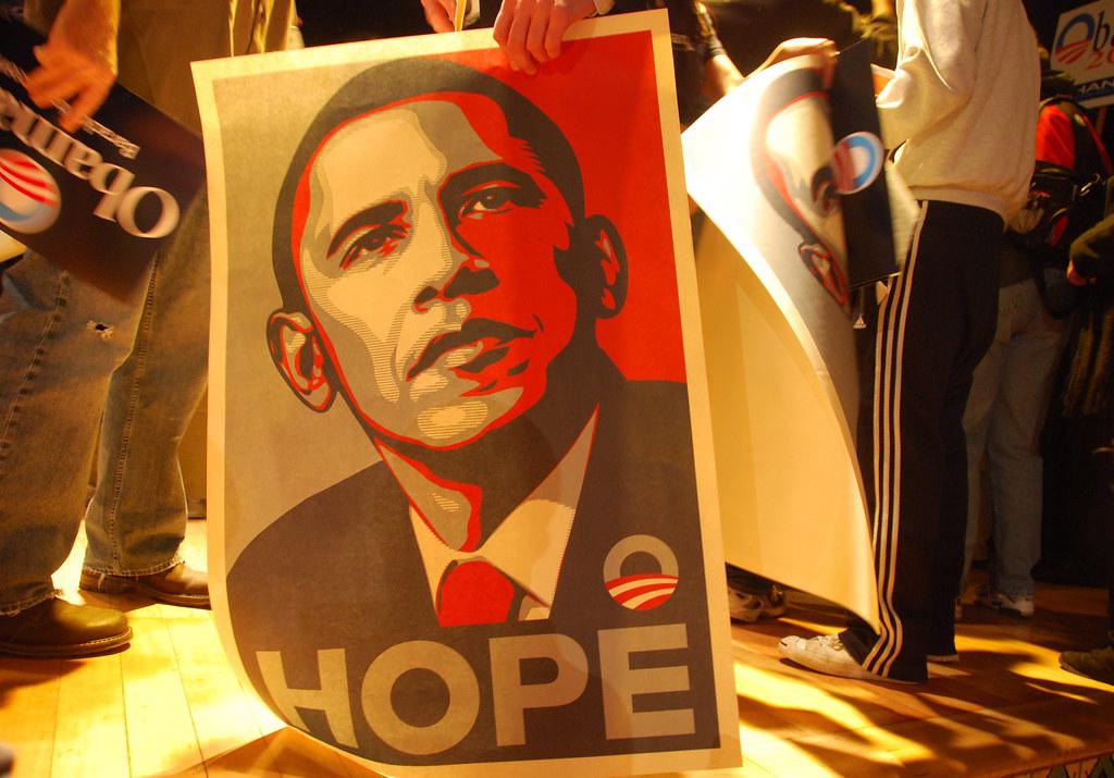 Shepard Fairey's iconic 'Hope' poster created for Barack Obama's 2008 presidential campaign, featuring a stylized portrait of Obama in red, white, and blue tones, capturing the sense of optimism and change associated with his candidacy.