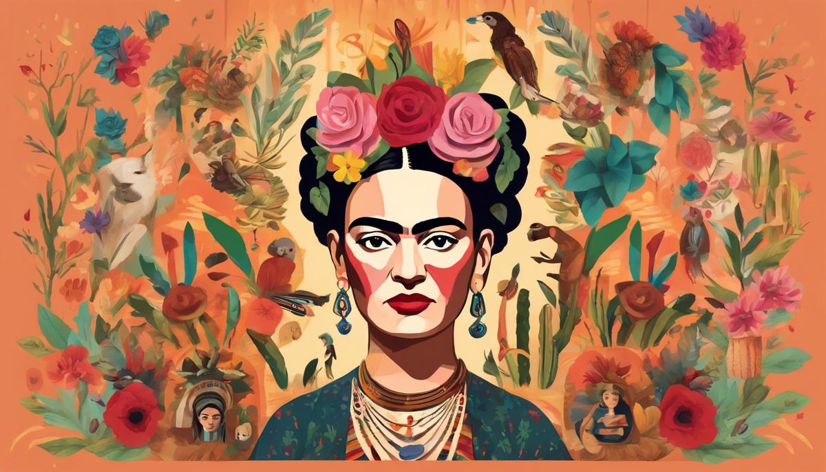 An illustration of Frida Kahlo as a cultural icon, surrounded by elements of Mexican folklore and heritage