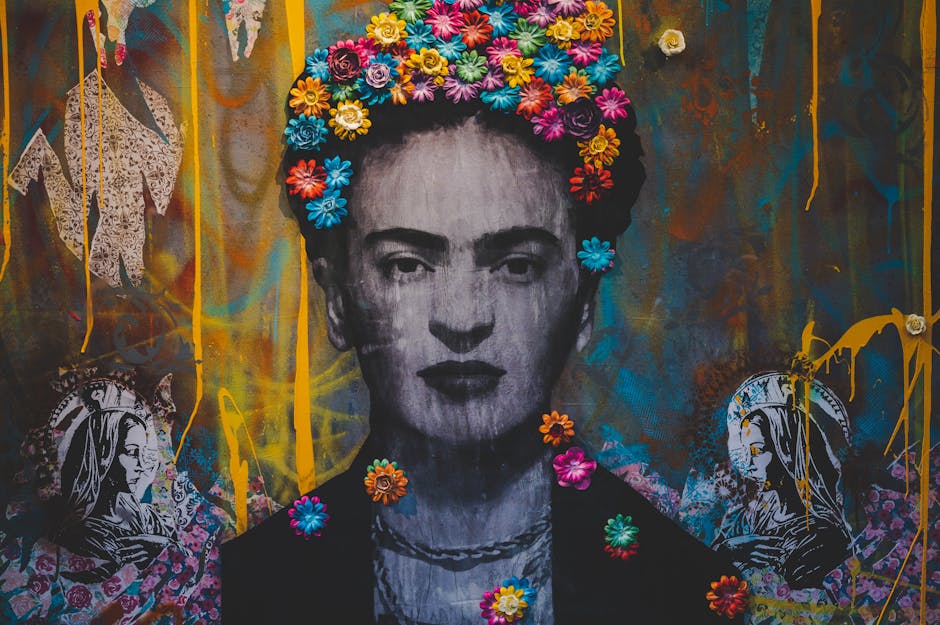 A photo collage showing Frida Kahlo's influence on contemporary artists, with her iconic self-portraits juxtaposed against modern art pieces that echo her themes of identity, pain, and cultural expression.