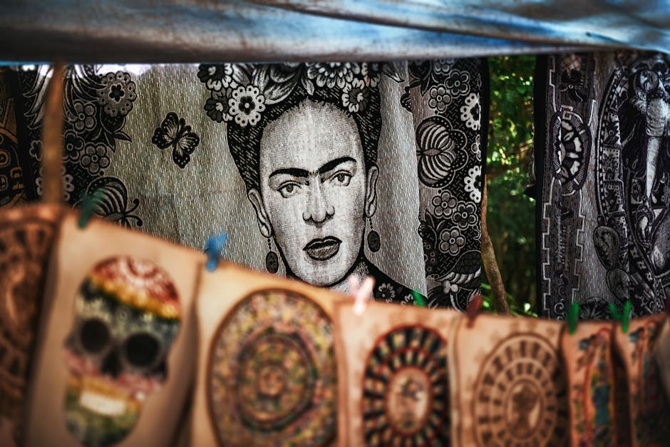 Collage of modern artworks influenced by Frida Kahlo's style, featuring self-portraits and cultural symbols