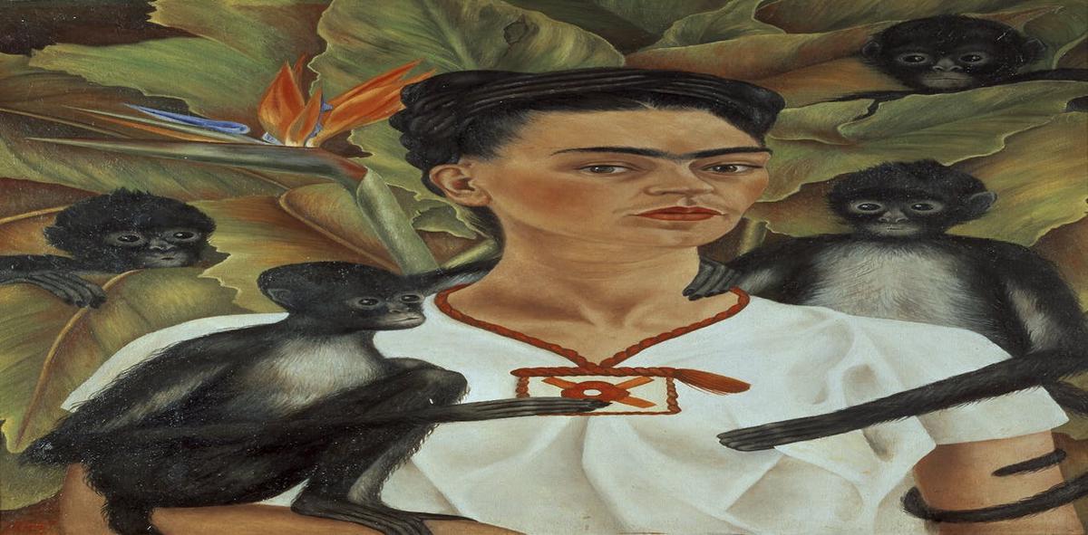 A vibrant painting by Frida Kahlo featuring Mexican cultural symbols and political imagery, showcasing her engagement with nationalism and social justice