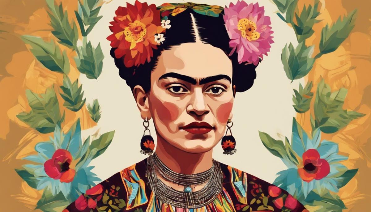 A portrait of Frida Kahlo wearing a traditional Tehuana dress, symbolizing her cultural pride and feminine power