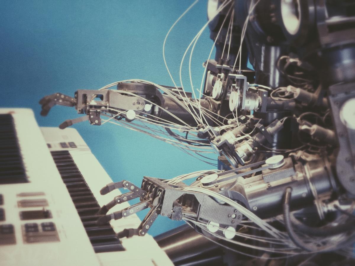 A futuristic scene depicting advanced AI integration in music creation and performance