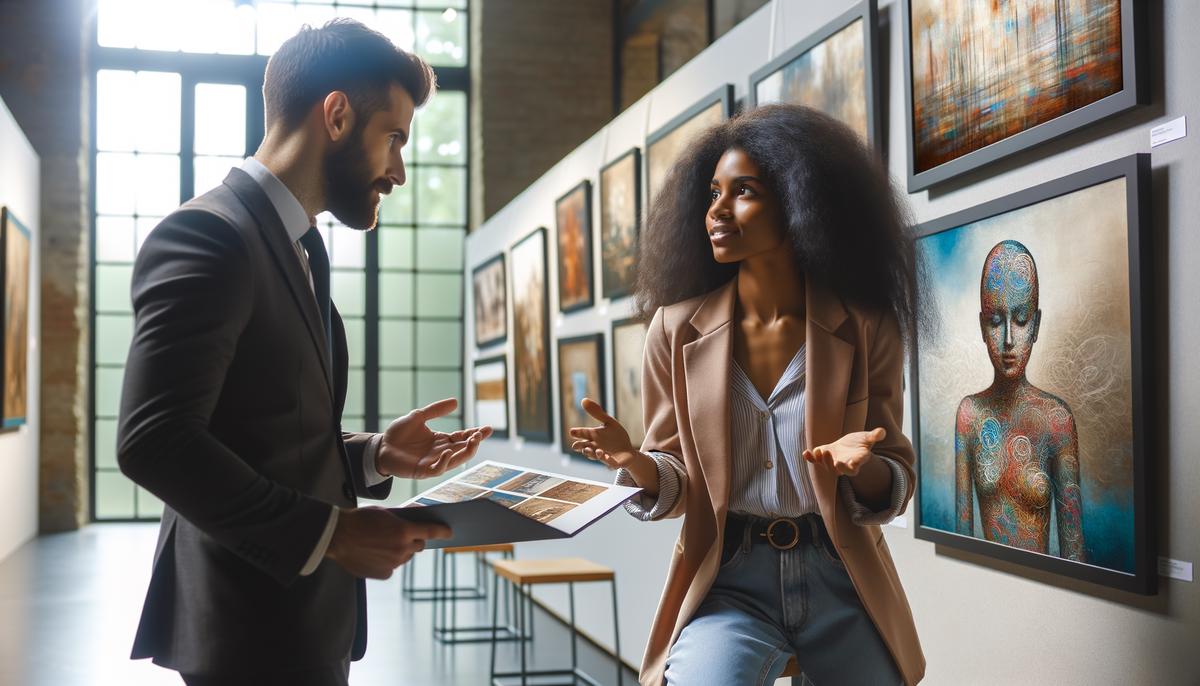 An image of an artist discussing their work with a gallery owner in a well-lit gallery space