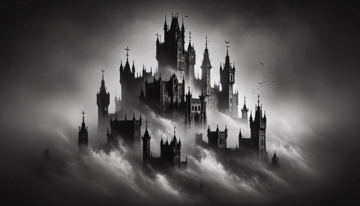 An eerie gothic castle shrouded in mist, embodying the atmosphere of mystery and dread described in gothic literature