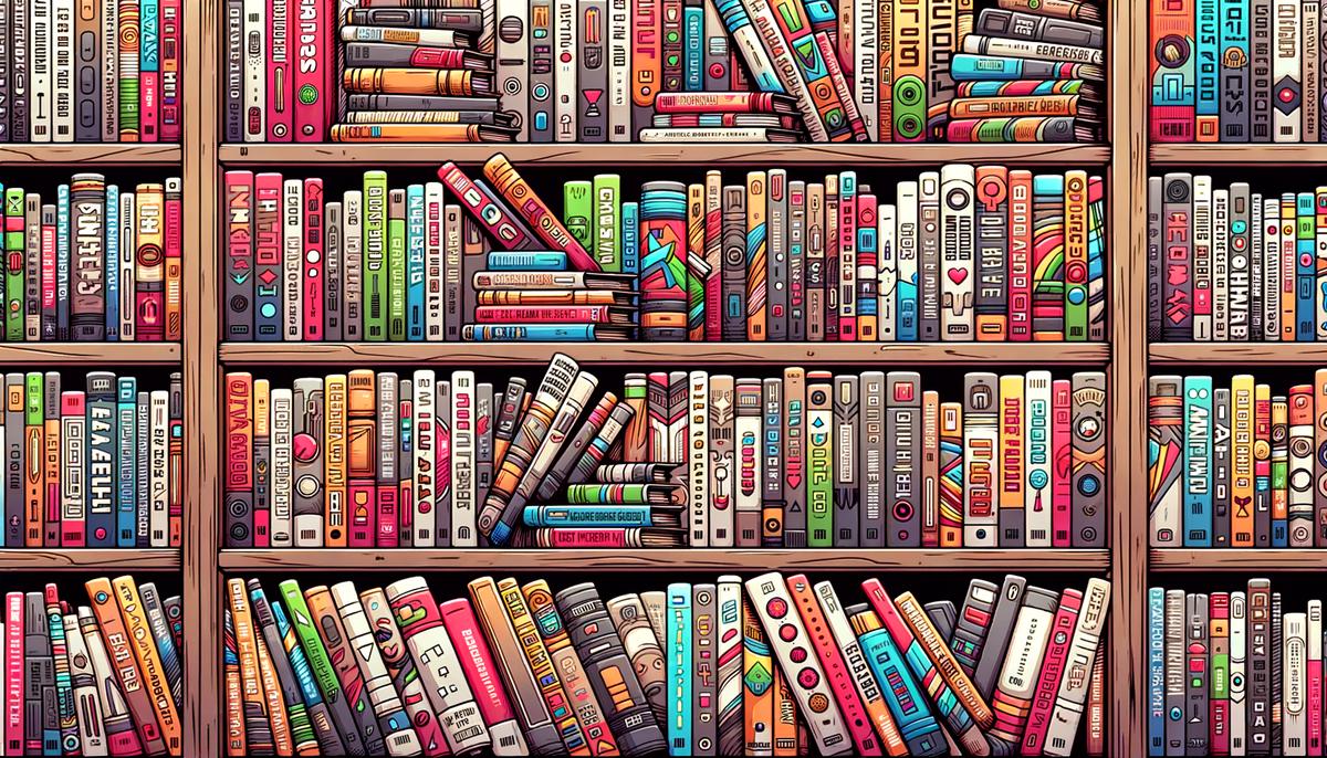 Illustration of various graphic novels stacked on a shelf